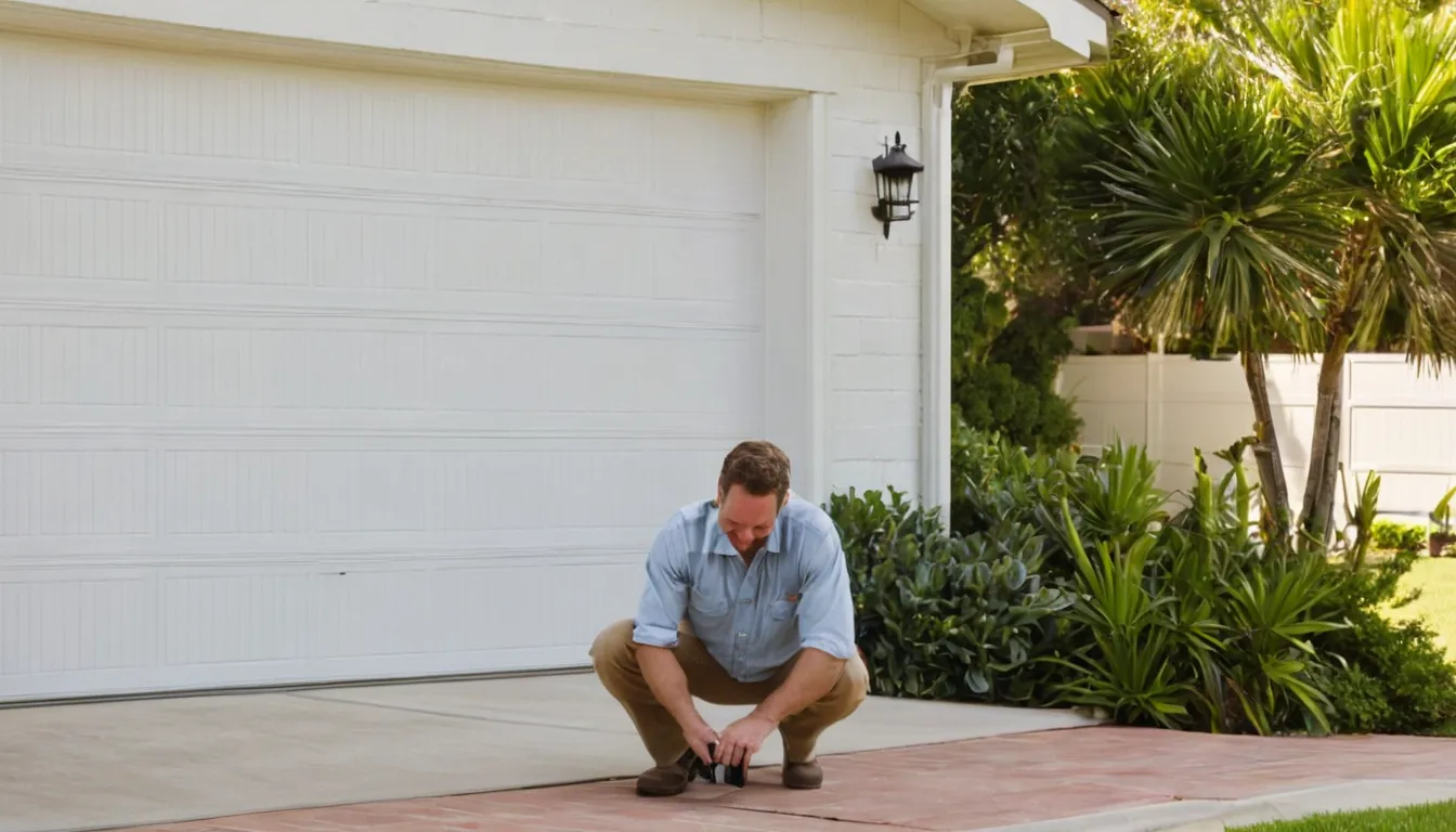Friendly garage door provider inspecting the track of a residential garage door at a brick home in the Saginaw area